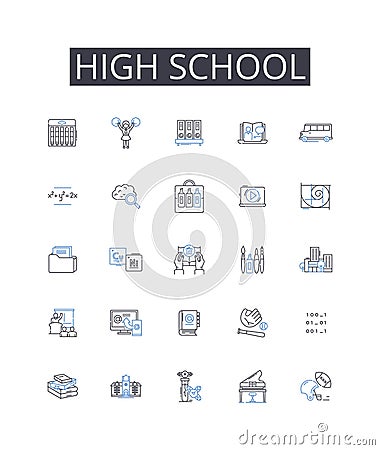 High school line icons collection. Presentation, Seminar, Lesson, Workshop, Discussion, Talk, Address vector and linear Vector Illustration