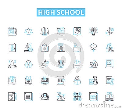 High school linear icons set. Adolescence, Homework, Extracurricular, Exams, Sports, Socializing, Cliques line vector Vector Illustration