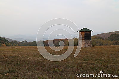 High seat in field near BÃ¡tovce village, Levice region Stock Photo