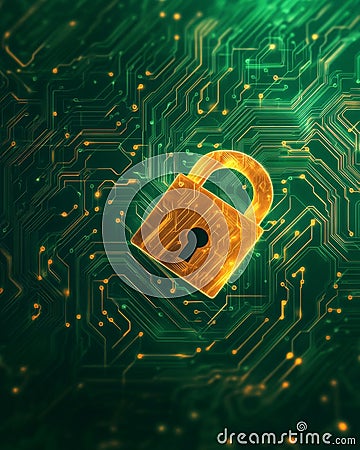 High security digital lock on illuminated green circuit board background symbolizing data protection cybersecurity protocols Cartoon Illustration