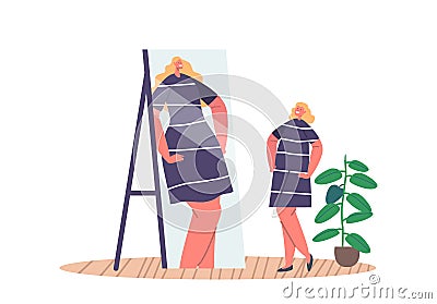 High Self-esteem Inadequate Perception Concept. Confident Woman With Distorted Self-perception Looking In Mirror Vector Illustration