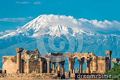 High snowy Ararat and the ruins of Zvartnots temple a landmark Stock Photo