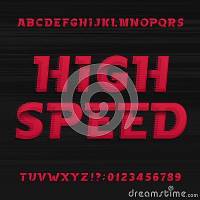 High speed alphabet font. Oblique dynamic letters numbers and symbols. Vector Illustration