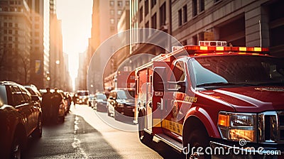 High speed ambulance with flashing lights responding to emergency call on busy city street Stock Photo