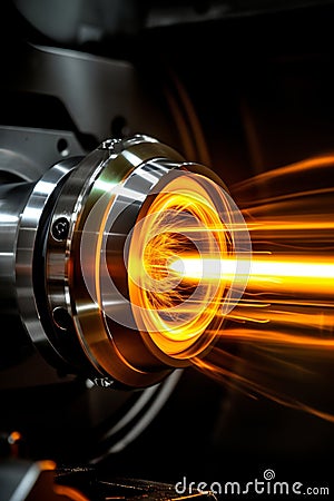 High speed cnc lathe tool with glowing cutting edge, in sharp focus for precision machining Stock Photo