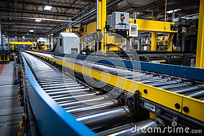 A high-speed conveyor belt showcasing the seamless production process in a modern manufacturing plant. Generative Ai Stock Photo
