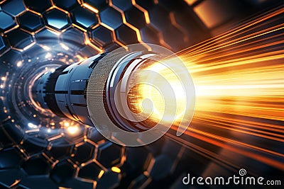 A high-speed data tunnel constructed from rotating hexagonal frames. The light trails, digital Stock Photo
