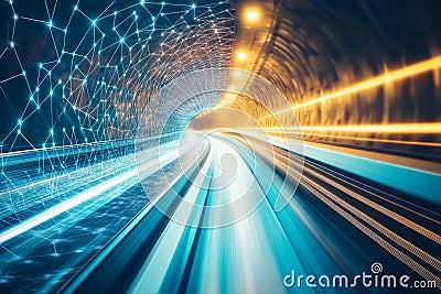 A high-speed data tunnel constructed from rotating hexagonal frames. The light trails, digital Stock Photo