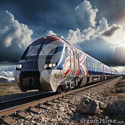 High-Speed Electric Train with the UK Logo Travelling Through the Countryside Stock Photo