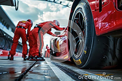 High-speed Formula One race car changing tires in pit stop during intense competition Stock Photo