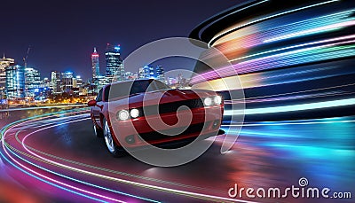 HIgh speed generic red sports car driving in the city Stock Photo