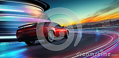 HIgh speed generic red sports car driving in the city Stock Photo