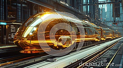 High speed gold train at station and futuristic cityscape sci fi background Cartoon Illustration