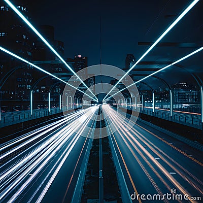 High speed lights streak from road in futuristic blue line image Stock Photo
