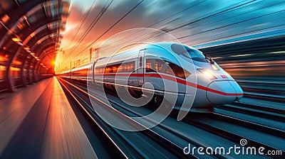 High-Speed Maglev Trains in motion, long exposure shot, futuristic design speeding through vibrant landscapes Stock Photo