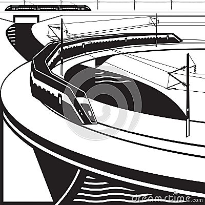 High-speed passenger trains pass river bridge Vector Illustration