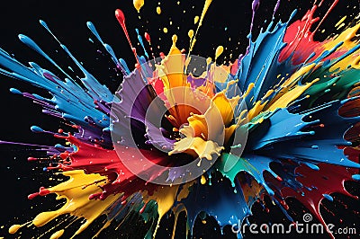 High-Speed Photography Captures a Vibrant Array of Paint Splashes Colliding Against a Pure Black Background Stock Photo