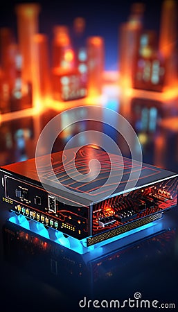 High speed router hologram for secure home networks on blurred background with copy space Stock Photo