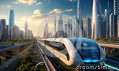 High-speed train on the background of the modern city. 3d rendering. Stock Photo
