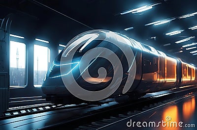 High speed train in the city at night. 3d rendering generative ai Stock Photo