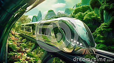 A high-speed train enters a futuristic train station, symbolizing the concept of rail transport infrastructure. City train of the Stock Photo