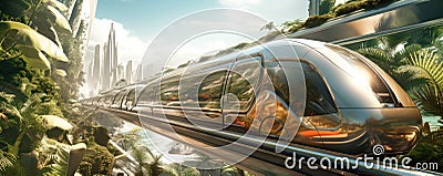 A high-speed train enters a futuristic train station, symbolizing the concept of rail transport infrastructure. City train of the Stock Photo