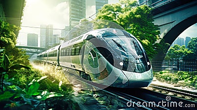 A high-speed train enters a futuristic train station, symbolizing the concept of rail transport infrastructure. City train of the Stock Photo