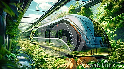 A high-speed train enters a futuristic train station, symbolizing the concept of rail transport infrastructure. City train of the Stock Photo