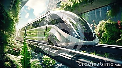 A high-speed train enters a futuristic train station, symbolizing the concept of rail transport infrastructure. City train of the Stock Photo
