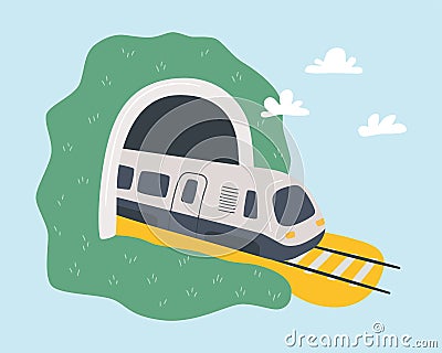 High-speed train leaves the tunnel. Travelling by rail. Hand drawn vector illustration Vector Illustration