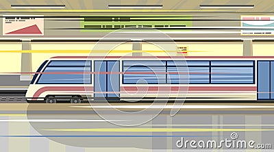 High-speed train at the metro station. Suburban and urban underground transport. Blue. Railway with a locomotive Vector Illustration