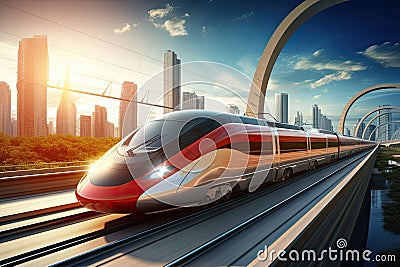 High-speed train on the modern city background. 3d rendering, High Speed train on the road to the modern city, AI Generated Stock Photo