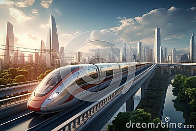 High-speed train on the modern city background. 3d rendering, High Speed train on the road to the modern city, AI Generated Stock Photo