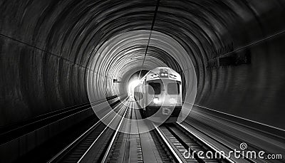 High speed train races through dark subway tunnel, vanishing into distance generated by AI Stock Photo