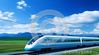 A high-speed train racing through picturesque countryside, its sleek design cutting through the landscape Stock Photo