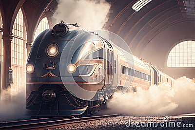 high-speed train speeds past vintage station, with smoke and steam billowing from the engine Stock Photo