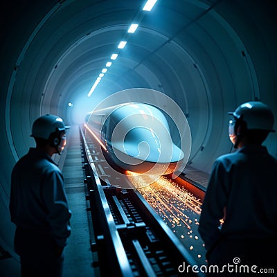 Engineers Overseeing High-speed Train Testing in Action, generative ai Stock Photo