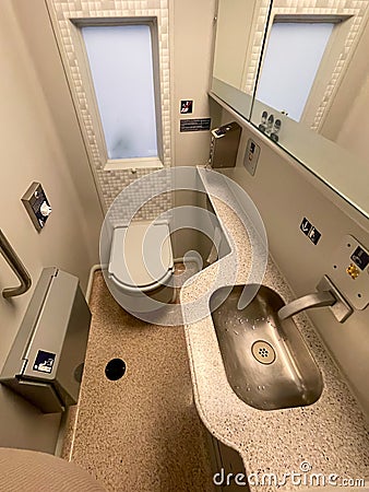 High-speed train toilet. Toilets on German trains. Stock Photo