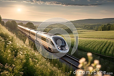 A high-speed train zipping past a scenic countryside landscape. Stock Photo