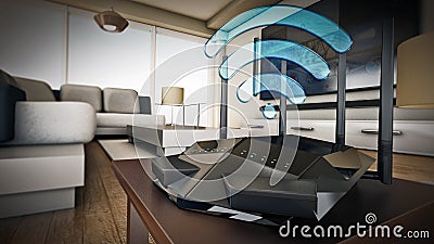 High speed wireless router, modem or range extender inside a modern room. 3D illustration Cartoon Illustration