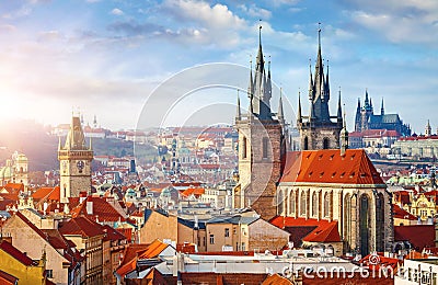 High spires towers of Tyn church in Prague city Stock Photo