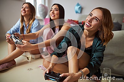 High-spirited women playing a TV video game Stock Photo