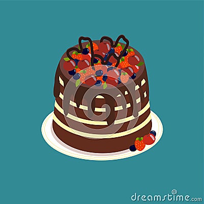 High striped berry cake with a white layer and dark biscuit cake layers. Poured on top of chocolate, decorated with assorted Vector Illustration