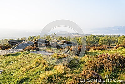 High on Surprise View, looking down on a mist covered Derbyshire Peak District Stock Photo