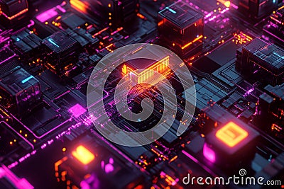 A high-tech abstract visualization of blockchain security, featuring interconnected glowing cubes, Stock Photo