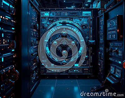 A high-tech AI locksmith server running key-generating algorithms, set against imposing vault doors with intricate locking Stock Photo