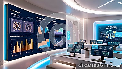 High-Tech AI Training Room, Dynamic Model Data, Performance Graphs, and Futuristic Design Stock Photo