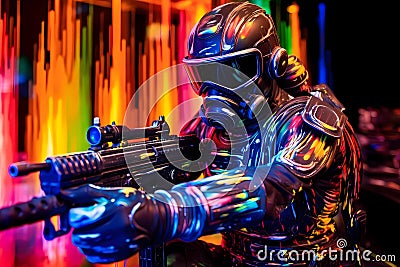 A paintball player emerges as a striking embodiment of neon chrome style Stock Photo