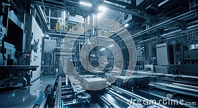 High-tech automated factory floor with advanced robotics and machinery Stock Photo