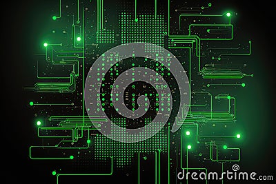 high-tech background of green and black Matrix code creating a digital web with glowing neon lines and dots Stock Photo